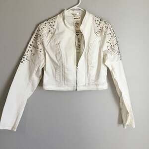 NWT Buckle White Denim Studded Jacket with Chain Detail, Size Large western coun